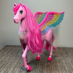 Pink Pegasus Winged Horse Toy with Rainbow Wings & Long Pink Hair–Fantasy Figure